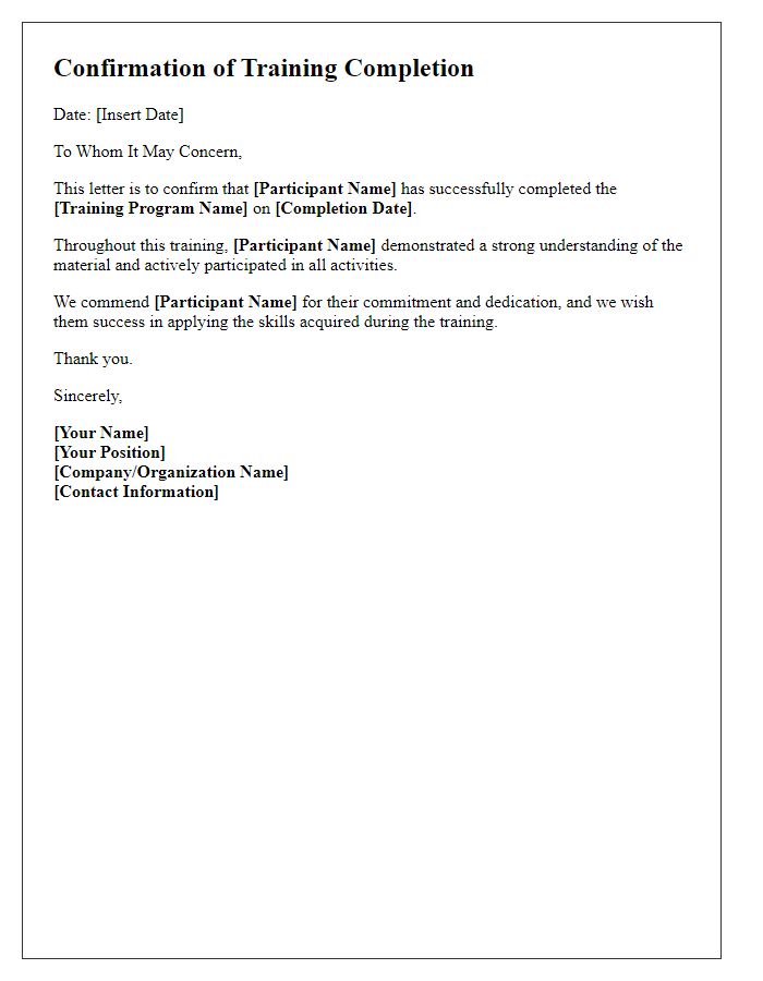 Letter template of Confirmation of Training Completion