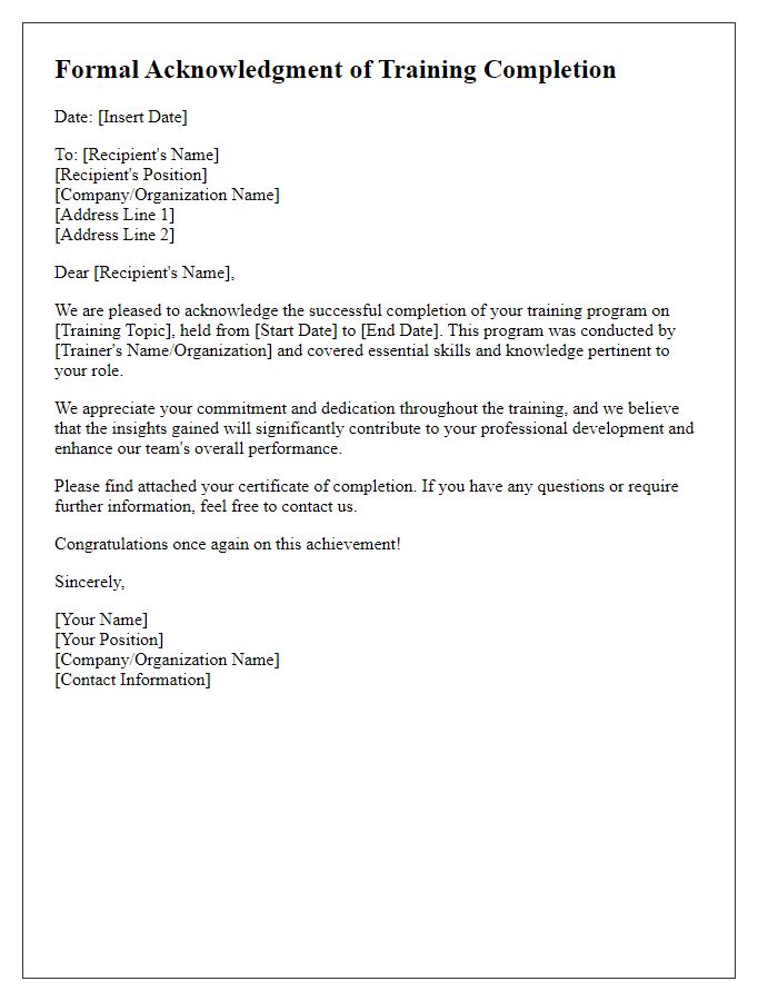 Letter template of Formal Acknowledgment of Training Completion