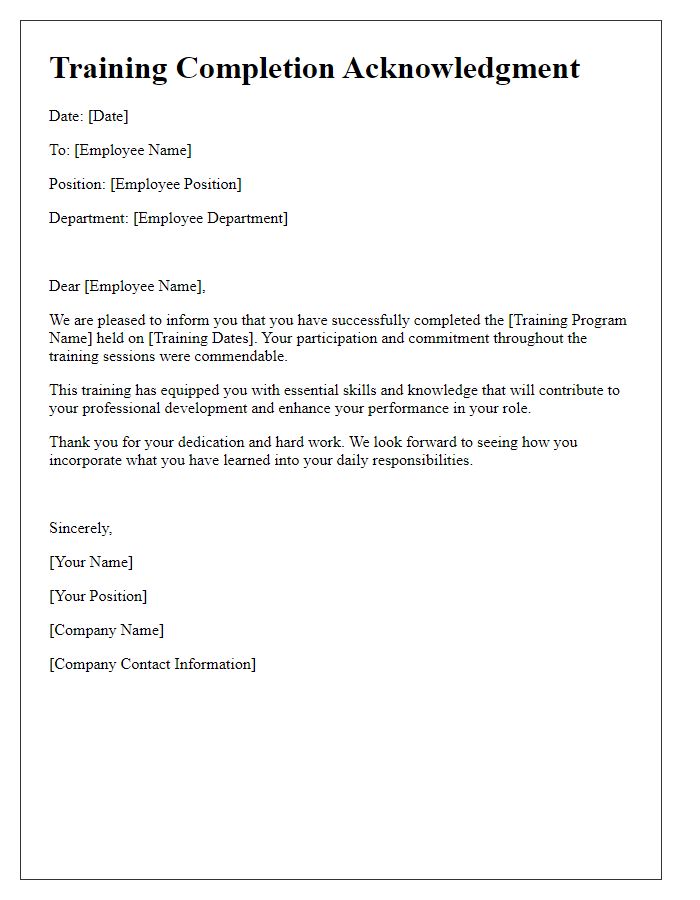 Letter template of Training Completion Acknowledgment