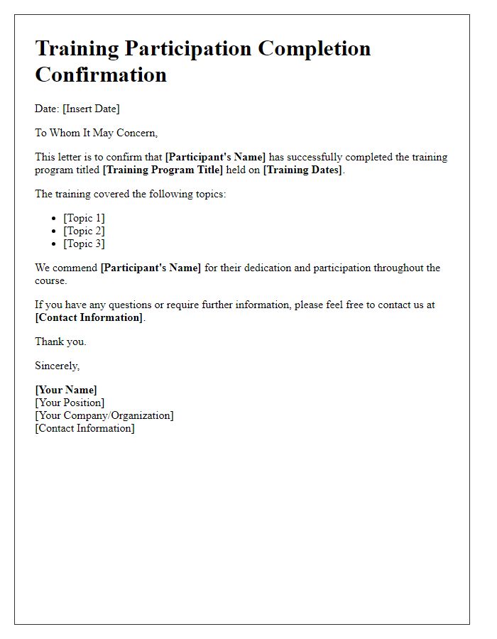 Letter template of Training Participation Completion Confirmation