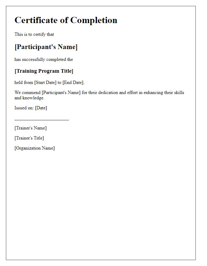 Letter template of Training Program Completion Recognition