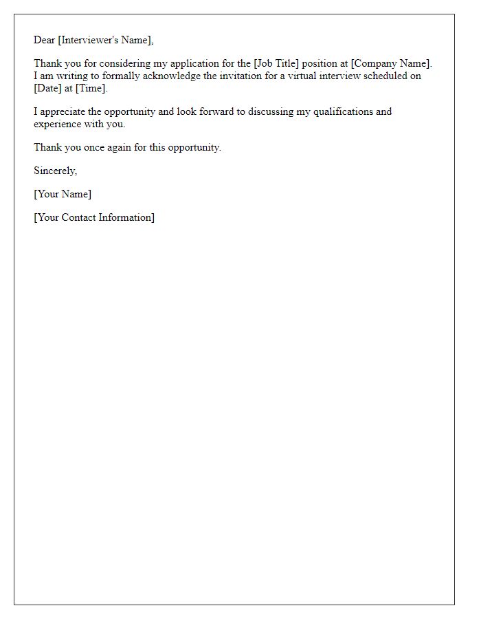 Letter template of acknowledgment for virtual interview invite.