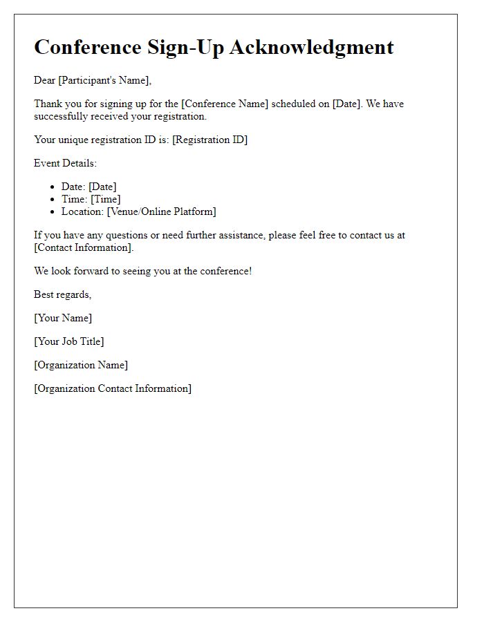 Letter template of Acknowledgment for Conference Sign-Up