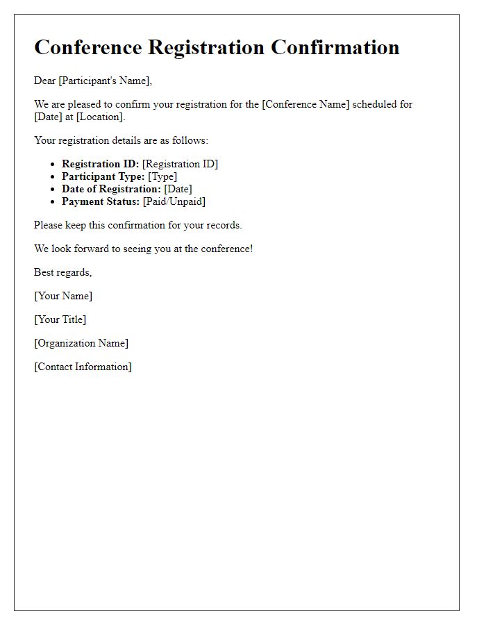 Letter template of Confirmation of Your Conference Registration