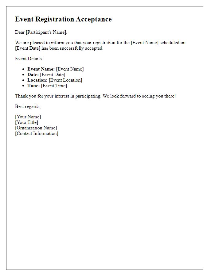 Letter template of acceptance for event registration.