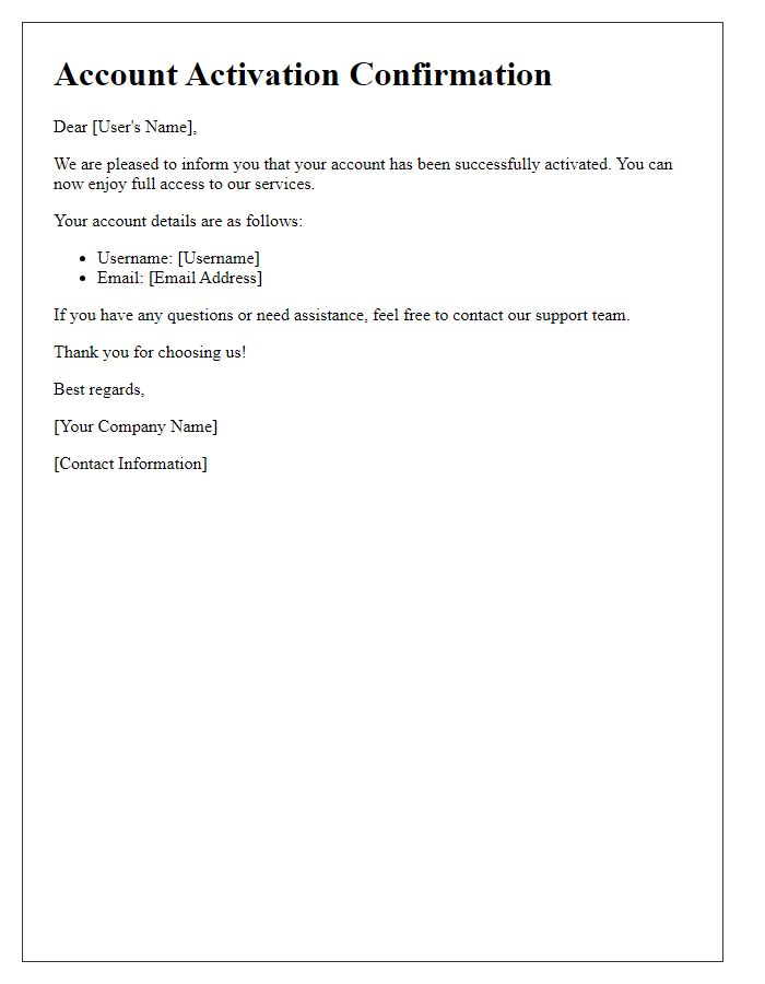 Letter template of Account Activation Confirmation