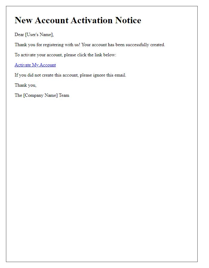 Letter template of New Account Activation Notice