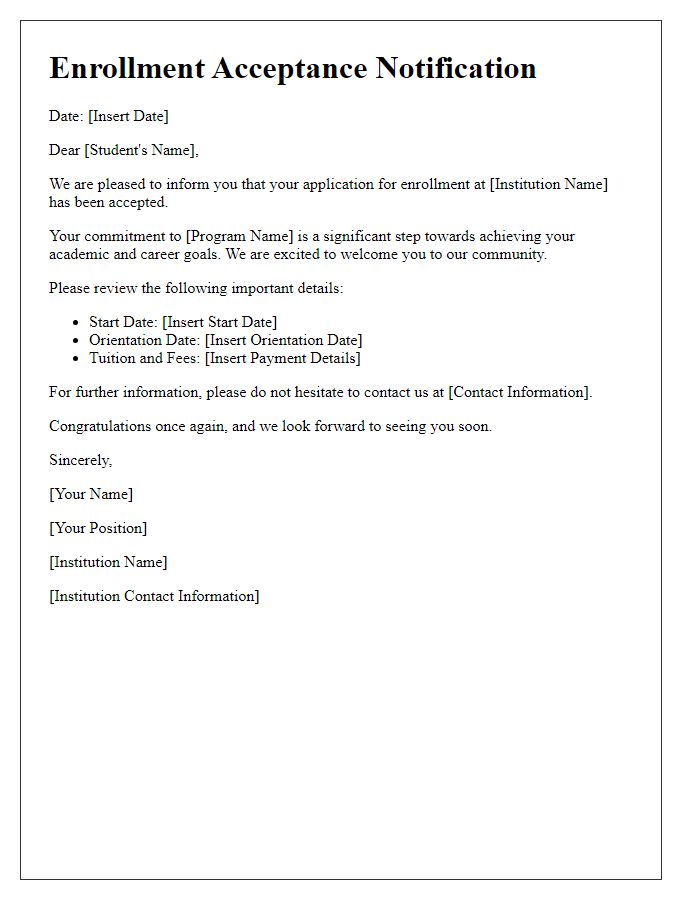 Letter template of Enrollment Acceptance Notification