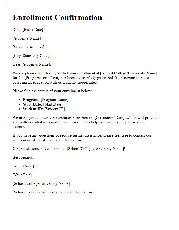 Letter template of Enrollment Confirmation for New Students