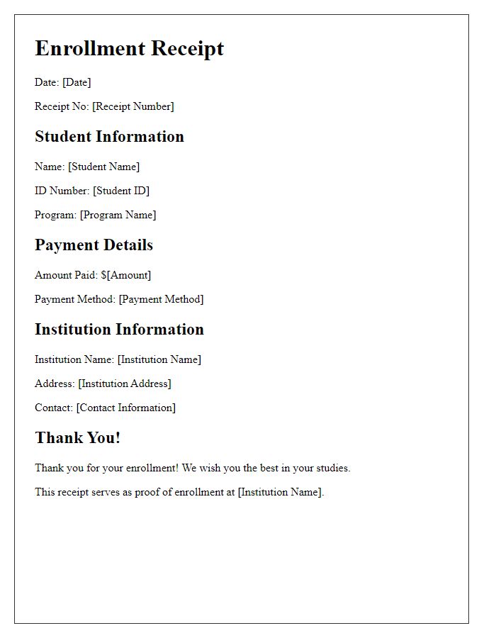 Letter template of Enrollment Receipt for Students