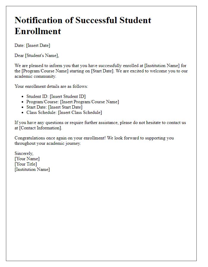 Letter template of Notification of Successful Student Enrollment