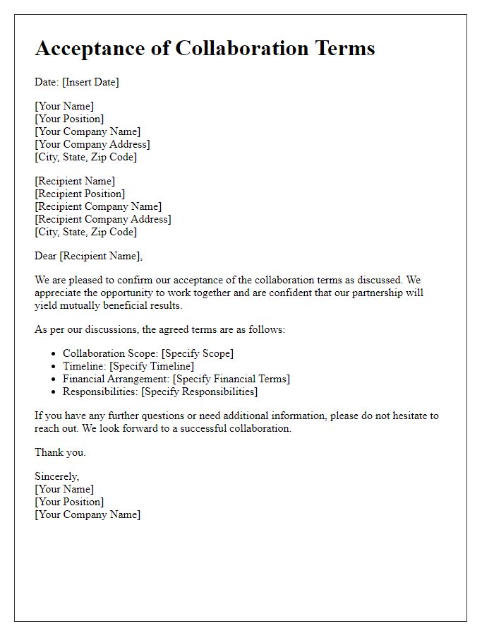 Letter template of acceptance for collaboration terms.