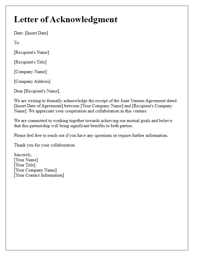 Letter template of acknowledgment for joint venture agreement.