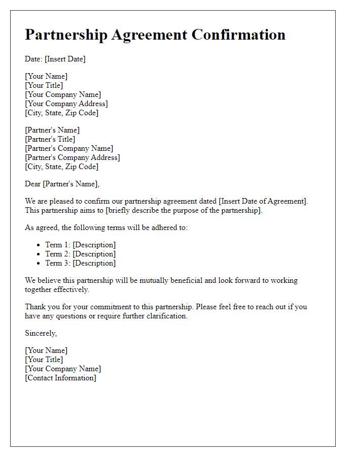 Letter template of confirmation for partnership agreement.