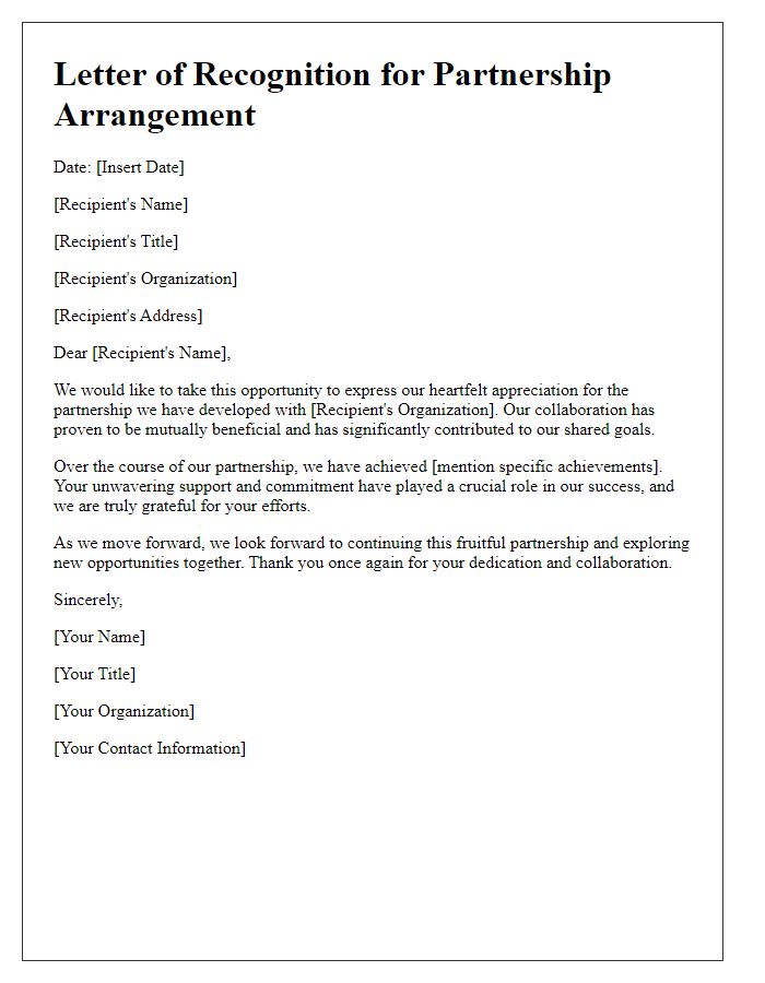 Letter template of recognition for partnership arrangement.