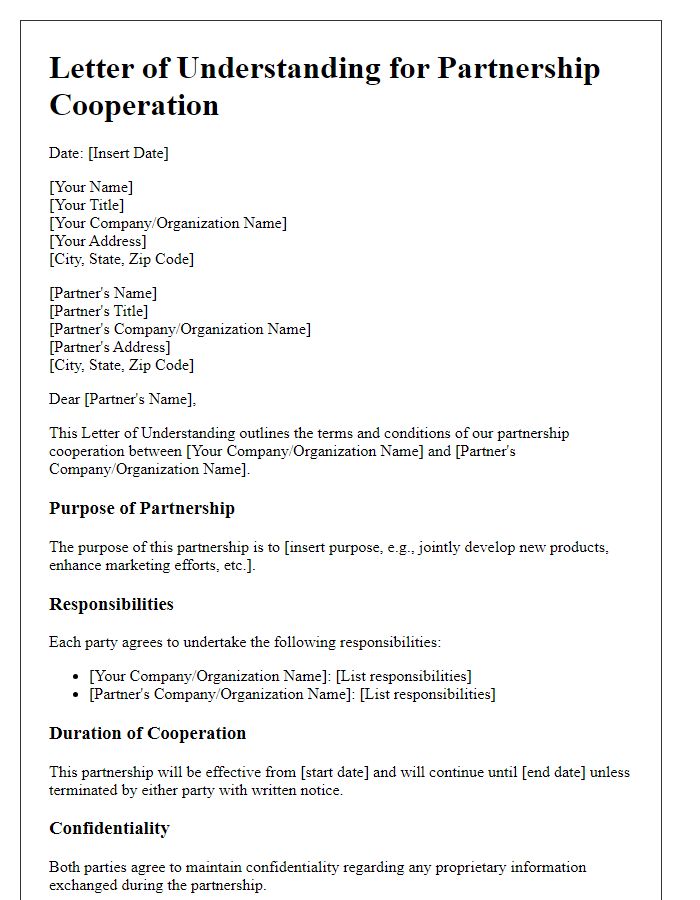 Letter template of understanding for partnership cooperation.