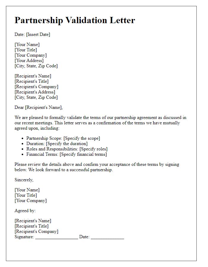 Letter template of validation for partnership terms.