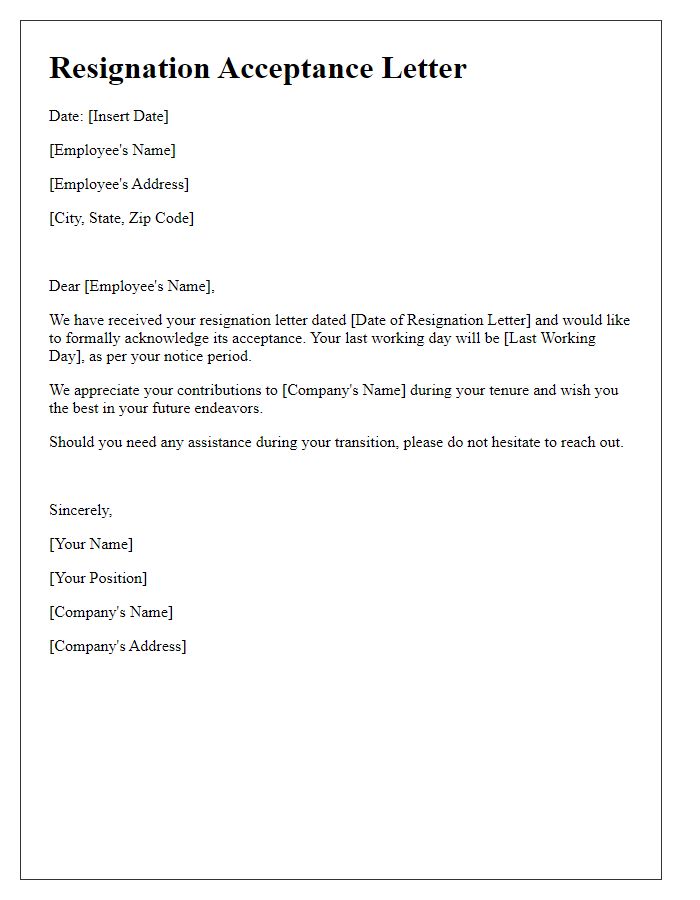 Letter template of acceptance notice for your resignation