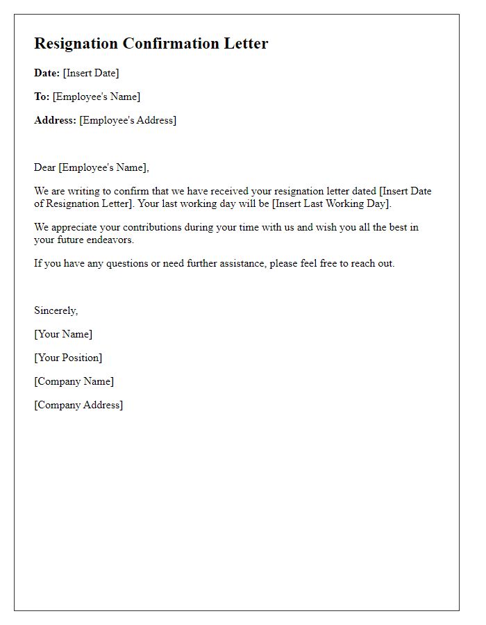 Letter template of confirmation for received resignation