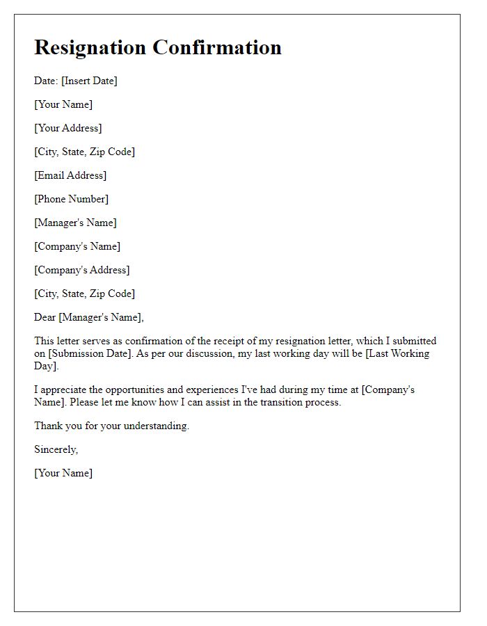 Letter template of confirmation for your resignation submission