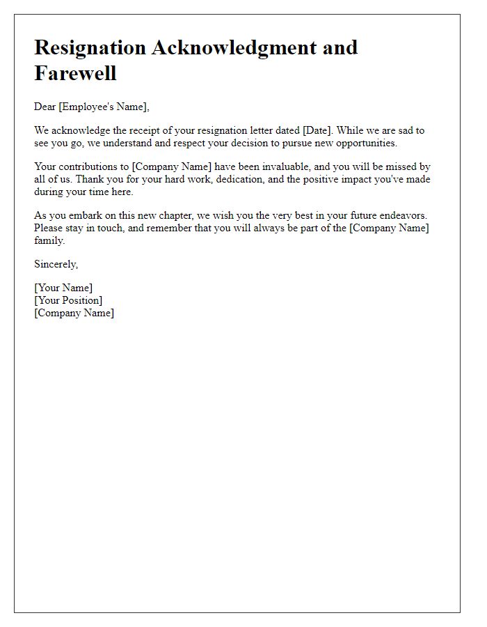 Letter template of resignation acknowledgment and farewell