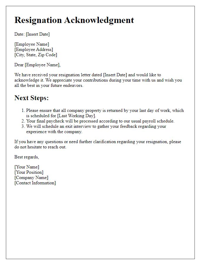 Letter template of resignation acknowledgment and next steps