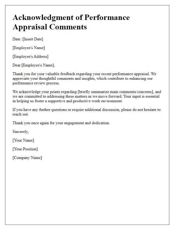 Letter template of acknowledgment for performance appraisal comments