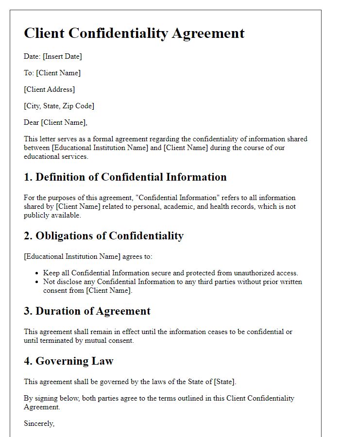 Letter template of client confidentiality agreement for educational institutions