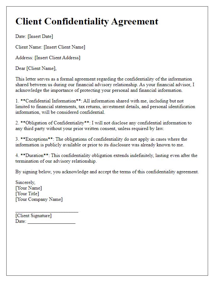 Letter template of client confidentiality agreement for financial advisors