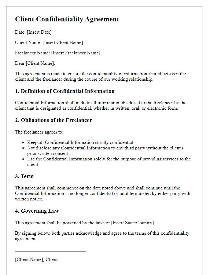 Letter template of client confidentiality agreement for freelance professionals