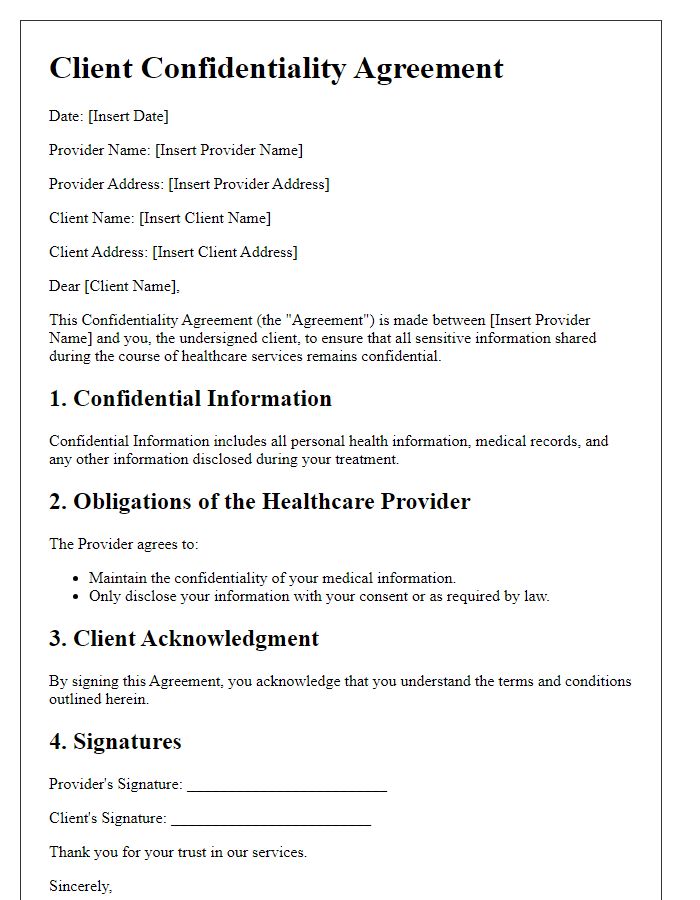 Letter template of client confidentiality agreement for healthcare providers