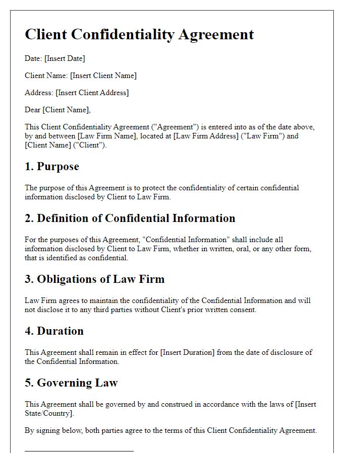 Letter template of client confidentiality agreement for legal practitioners