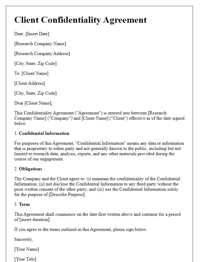 Letter template of client confidentiality agreement for research companies