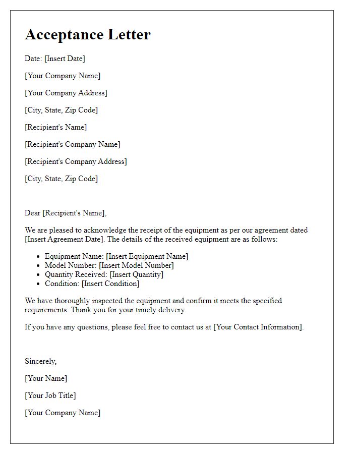 Letter template of acceptance for received equipment.