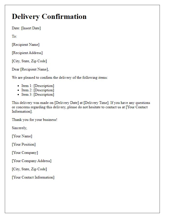 Letter template of confirmation for delivery of items.