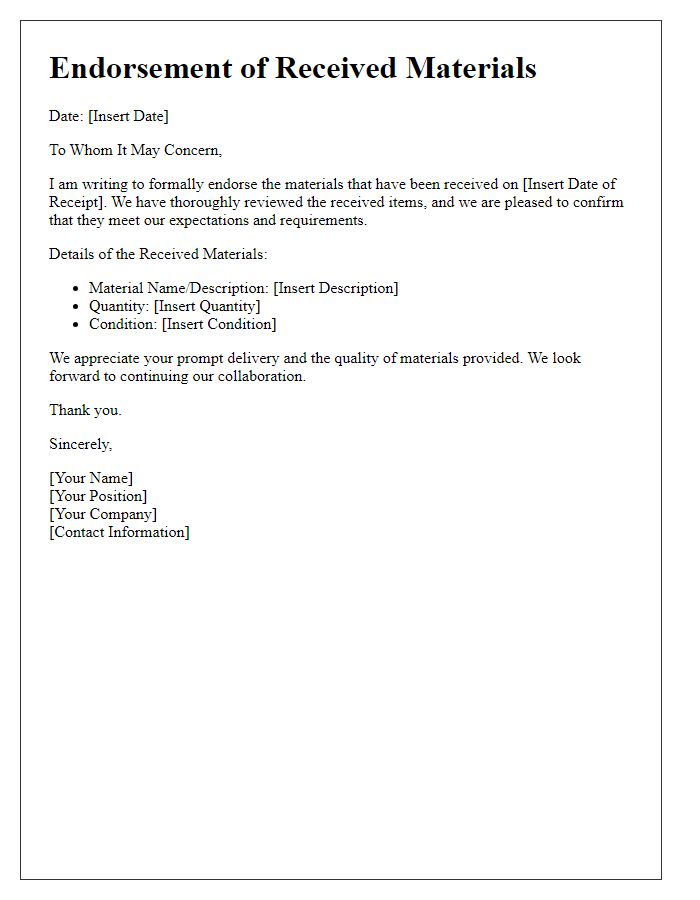 Letter template of endorsement for received materials.