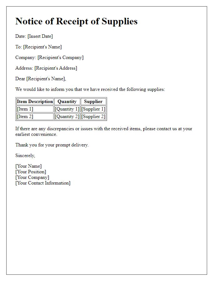 Letter template of notice for receipt of supplies.