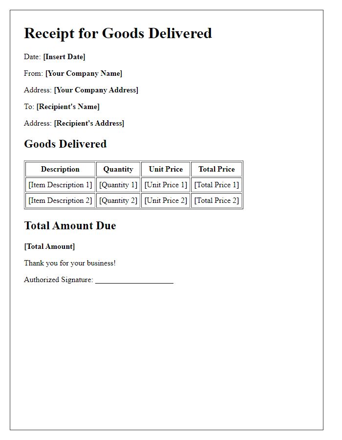 Letter template of receipt for goods delivered.