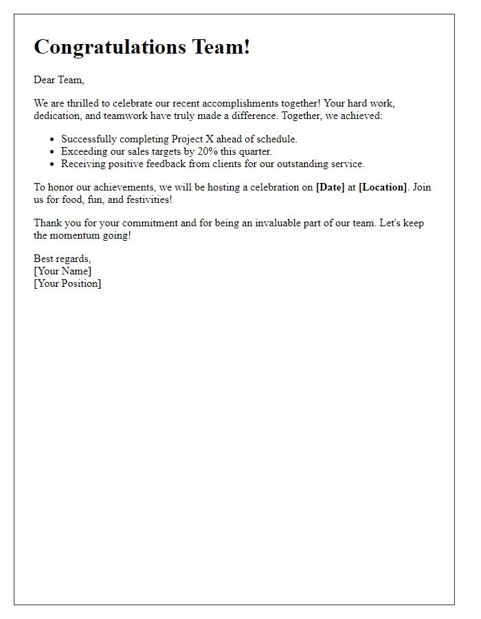 Letter template of celebration for collective team accomplishments