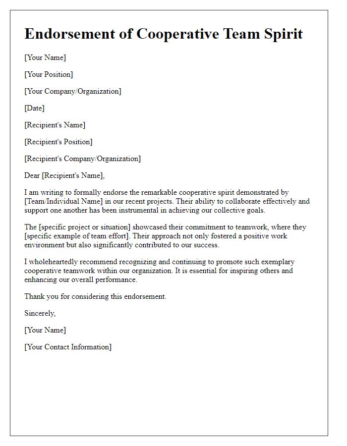 Letter template of endorsement for cooperative team spirit