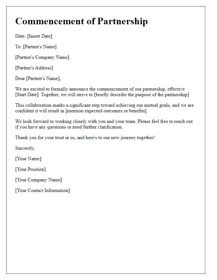 Letter template of Commencement of Our Partnership