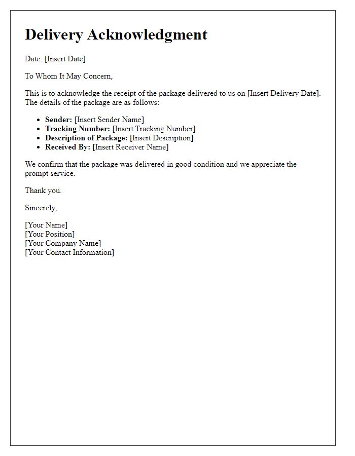 Letter template of acknowledgment for delivered package