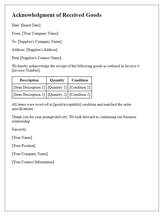 Letter template of acknowledgment for received goods