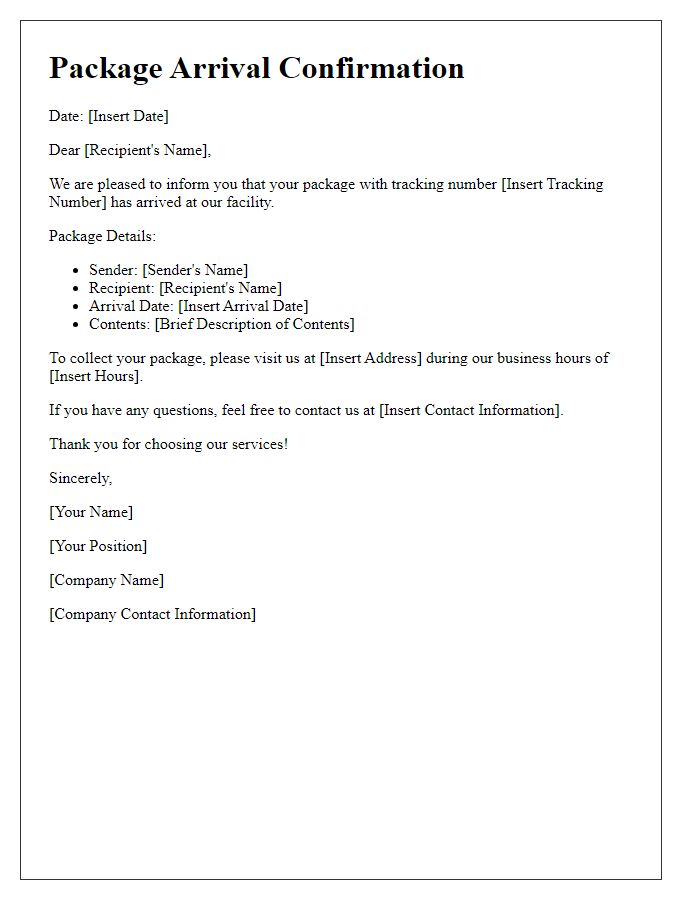 Letter template of confirmation for package arrival