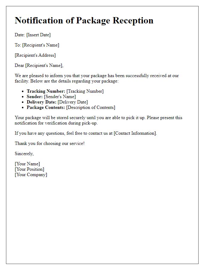Letter template of notification for package reception