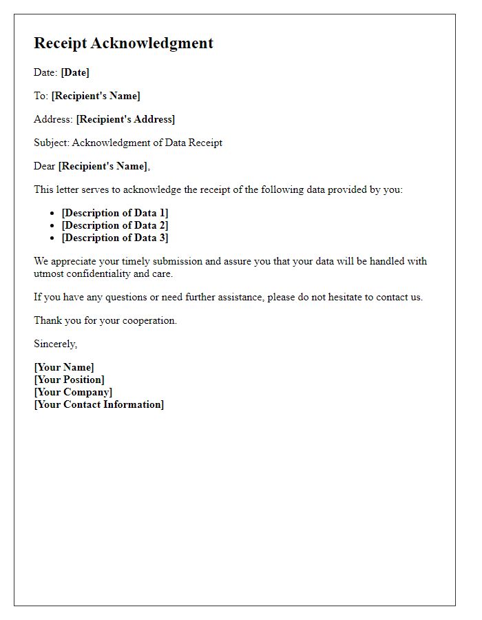 Letter template of Receipt Acknowledgment for Provided Data