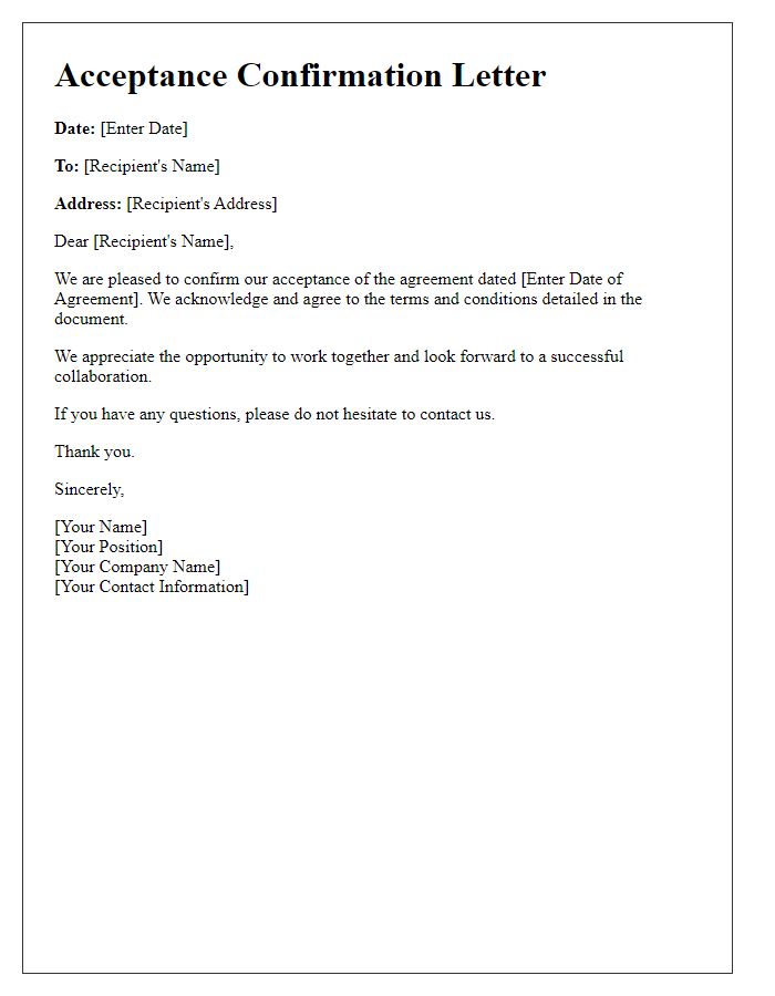 Letter template of Acceptance Confirmation for Agreement