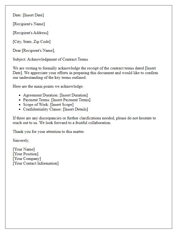 Letter template of Acknowledgment of Contract Terms