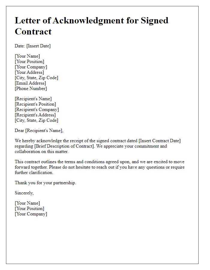 Letter template of Acknowledgment for Signed Contract