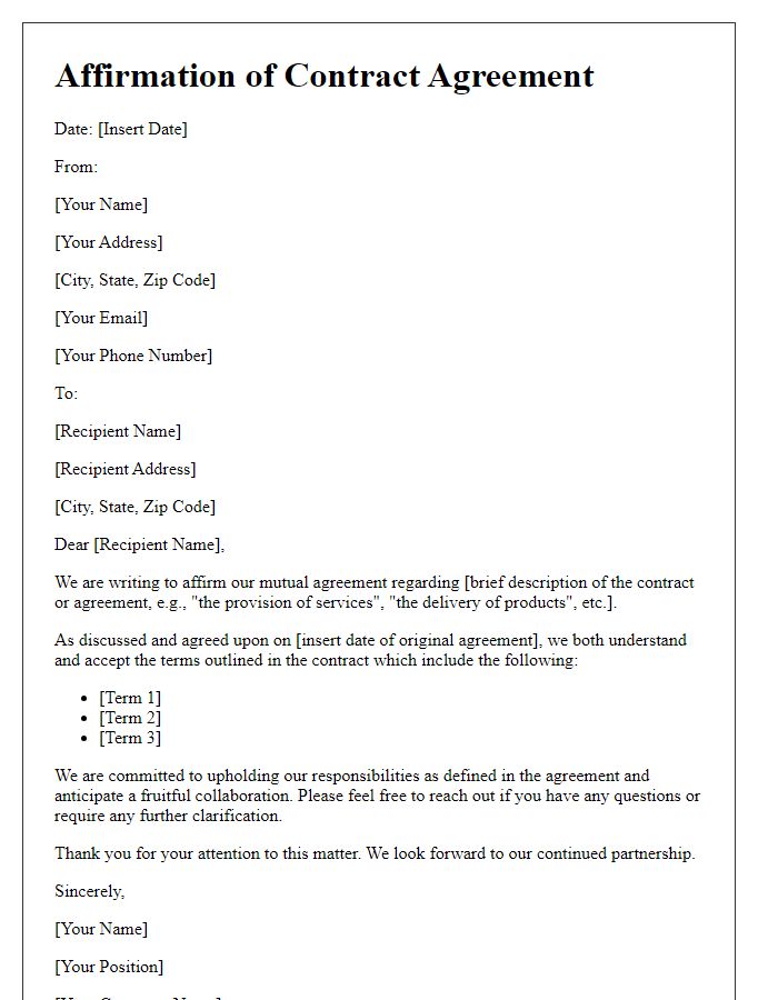 Letter template of Affirmation of Contract Agreement